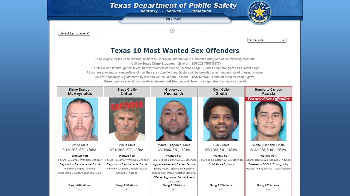 Texas 10 Most Wanted Sex Offenders - Texas Department of Public Safety